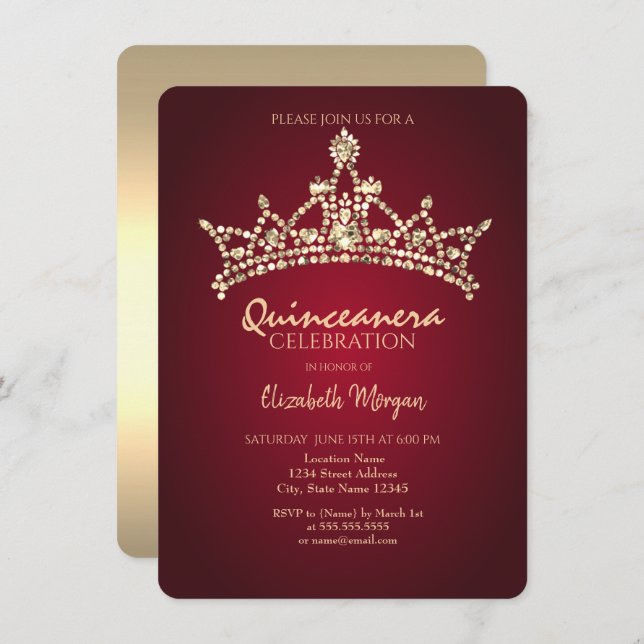 Chic Guld Diamonds Krona Burgundy Quinceañera Inbjudningar (Fram/baksida)