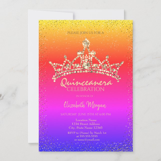 Chic Guld Diamonds Krona Colorful Quinceañera Inbjudningar (Framsida)