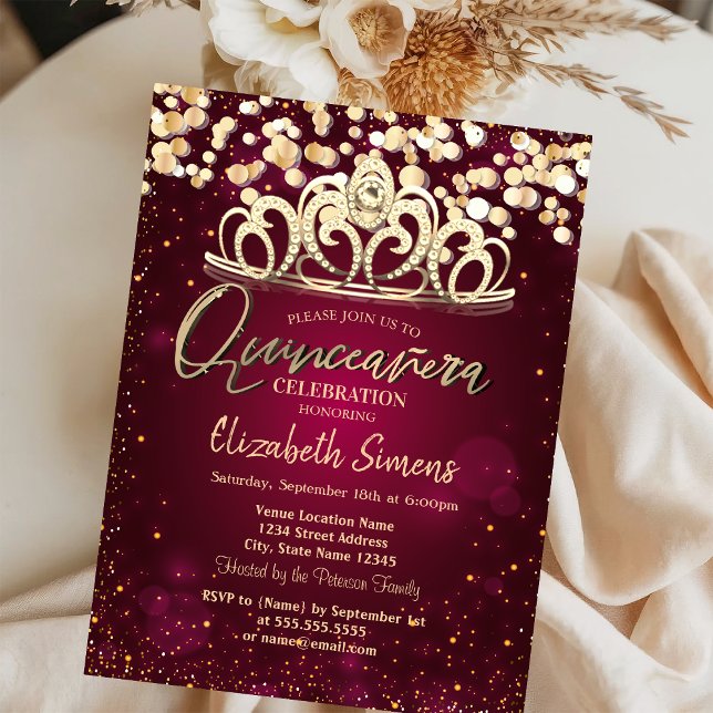 Chic Guld Dots,Tiara Burgundy Quinceañera Inbjudningar (Skapare uppladdad)