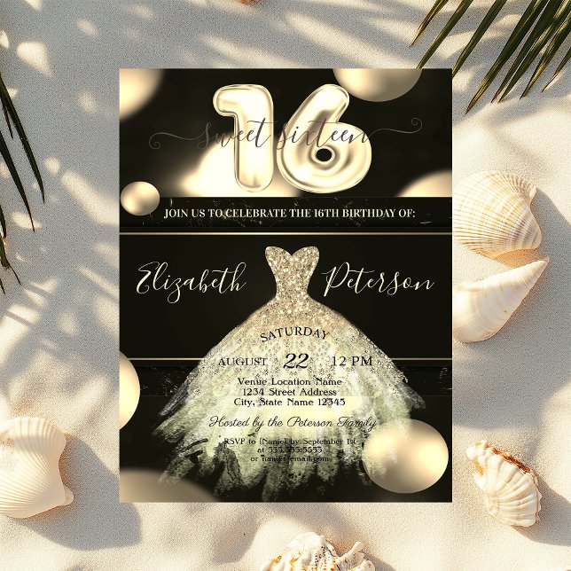 Chic Guld Dress Confetti Dots Sweet 16 Inbjudningar (Skapare uppladdad)