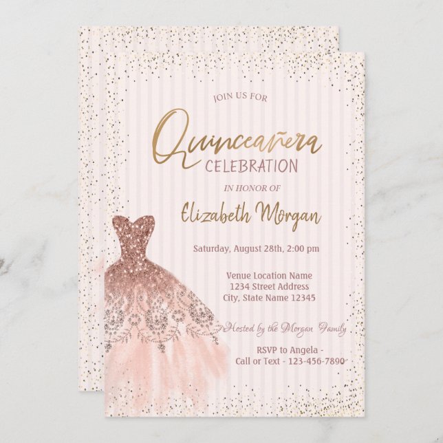 Chic Guld Dress Confetti Rand Quinceañera Inbjudningar (Fram/baksida)