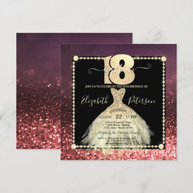 Chic Guld Dress Glitter Burgundy 18:e födelsedagen Inbjudningar (Fram/baksida)