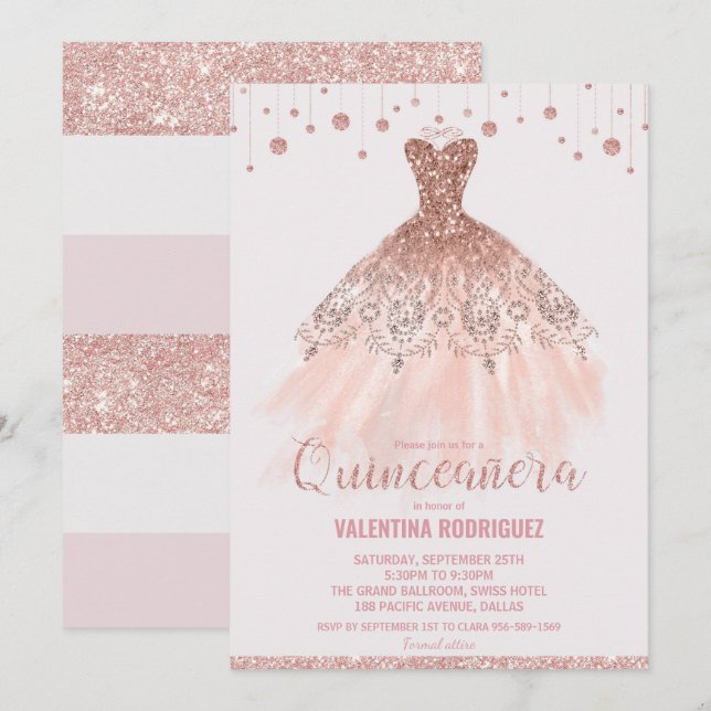 Chic Guld Dress Quinceañera 15:e födelsedagen Inbjudningar (Fram/baksida)