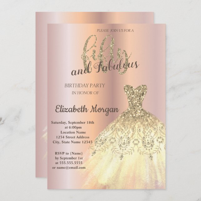 Chic Guld Dress, Ro Guld 50:e Födelsedagsfesten Inbjudningar (Fram/baksida)