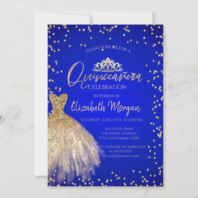 Chic Guld Dress Tiara, Blue Quinceañera Inbjudningar (Framsida)