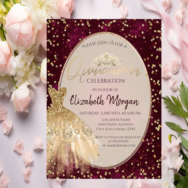 Chic Guld Dress Tiara, Red Quinceañera Inbjudningar (Skapare uppladdad)