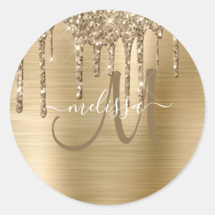 Chic Guld-droppning Glitter Brushed Metall Monogra Runt Klistermärke