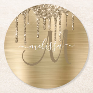 Chic Guld-droppning Glitter Brushed Metall Monogra Underlägg Papper Rund