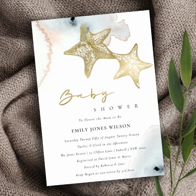 Chic Guld Dusky Blue Beachy Starfish Baby Shower Inbjudningar (Skapare uppladdad)