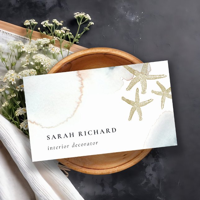 Chic Guld Dusky Blue Starfish Watercolor Coastal Visitkort (Skapare uppladdad)