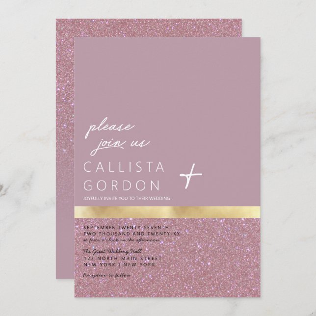 Chic Guld Dusty Mauve Glitter Färg Block Bröllop Inbjudningar (Fram/baksida)