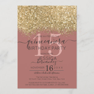 Chic Guld Dusty Ro Glitter Konfetti Quinceañera Inbjudningar