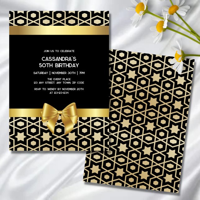 Chic Guld Egypten Geometric Guld Bow Black Birthda Inbjudningar (Skapare uppladdad)