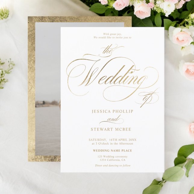 Chic guld elegant fotokalligrafi bröllop inbjudningar (Chic gold elegant photo calligraphy wedding invitation)