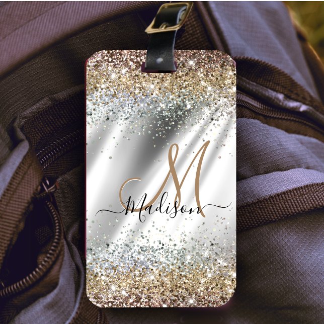 Chic Guld faux glitter monogram för faux faux Bagagebricka (Skapare uppladdad)