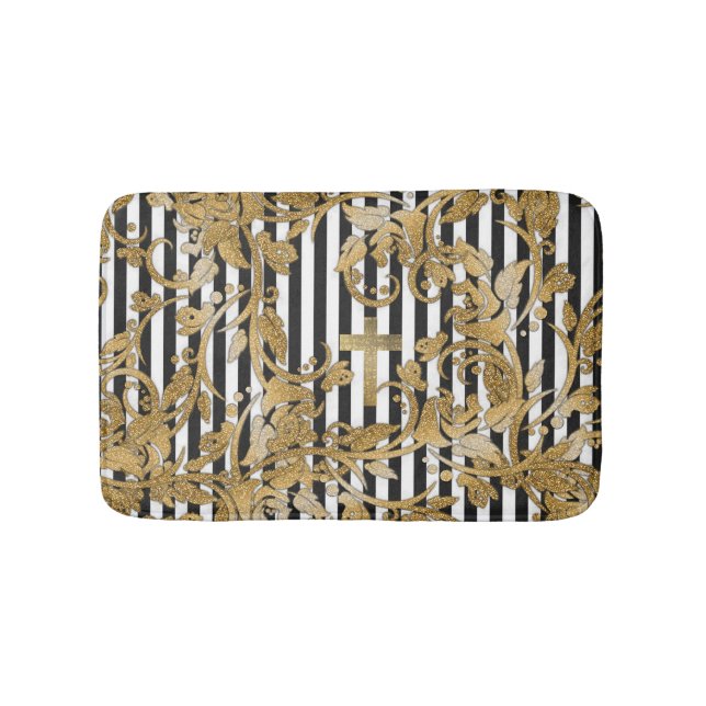 Chic guld- fauxglitter blommar vintagerandar badrumsmatta (Framsidan)