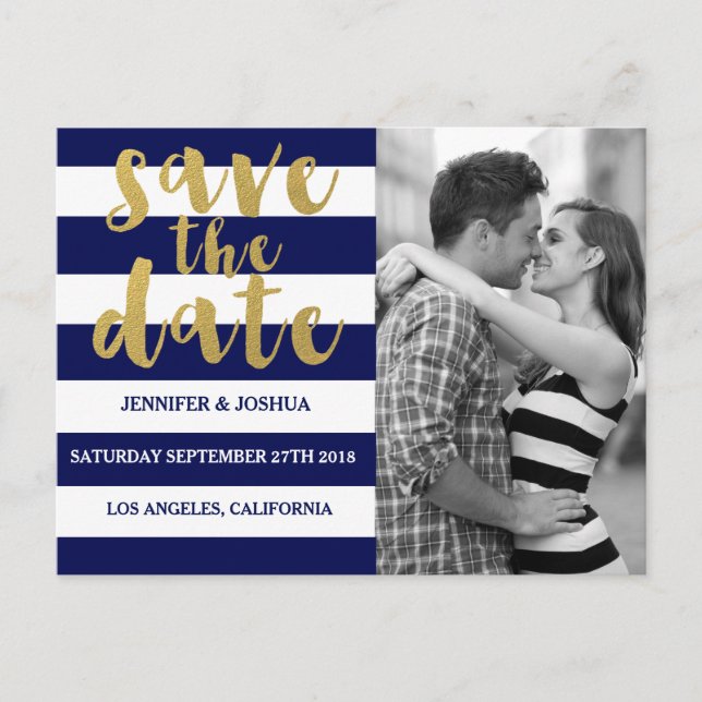 Chic Guld | Fet Bold Blue Rand Photo Save Date Meddelande Vykort (Framsida)