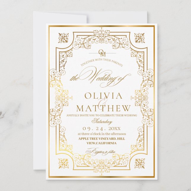 Chic Guld Flora Skript Bröllop Inbjudningar (Framsida)