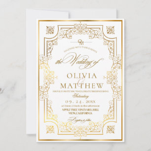 Chic Guld Flora Skript Bröllop Inbjudningar