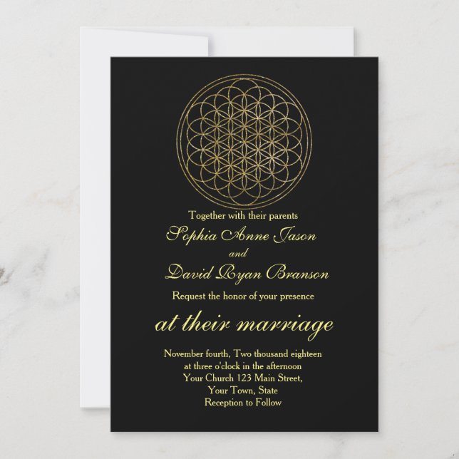 Chic Guld Flower of Life Helig Geometry Bröllop Inbjudningar (Framsida)