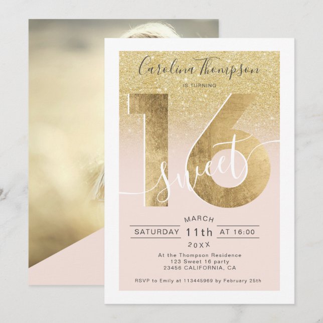 Chic guld foil glitter-skript  Sweet 16-foto Inbjudningar (Fram/baksida)