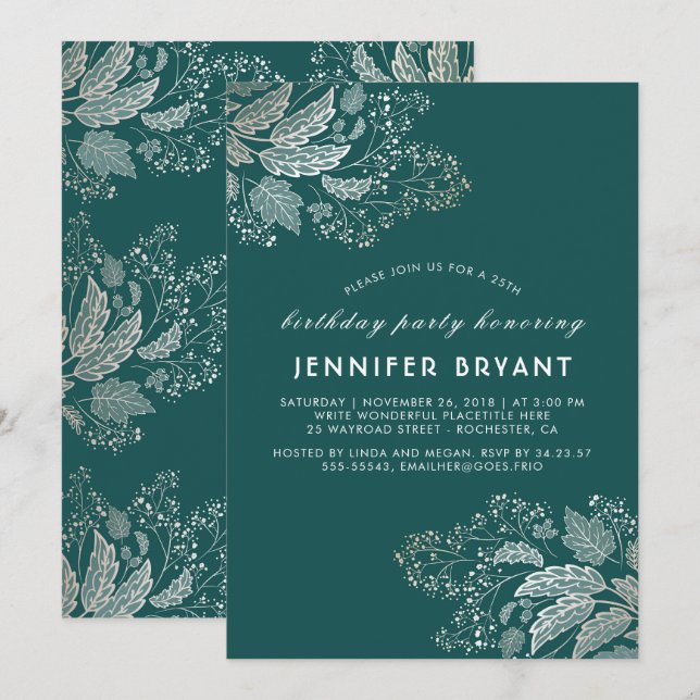Chic Guld Foliage Teal Elegant födelsedagsfest Inbjudningar (Fram/baksida)