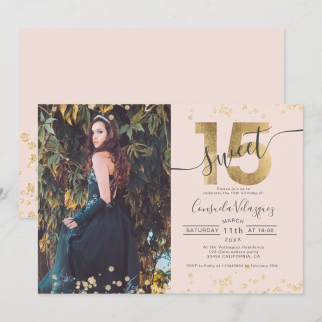 Chic guld folie konetti-foto  Quinceanera Inbjudningar (Fram/baksida)