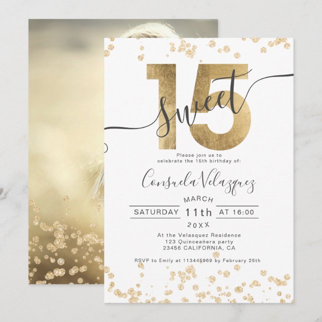 Chic guld folie konetti vit Quinceanera-foto Inbjudningar (Fram/baksida)