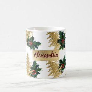 Chic guld folie röd grönt holly ivy julgran kaffemugg