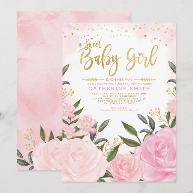 Chic  Guld Garden Blommigt Ro Baby Shower Inbjudningar (Fram/baksida)