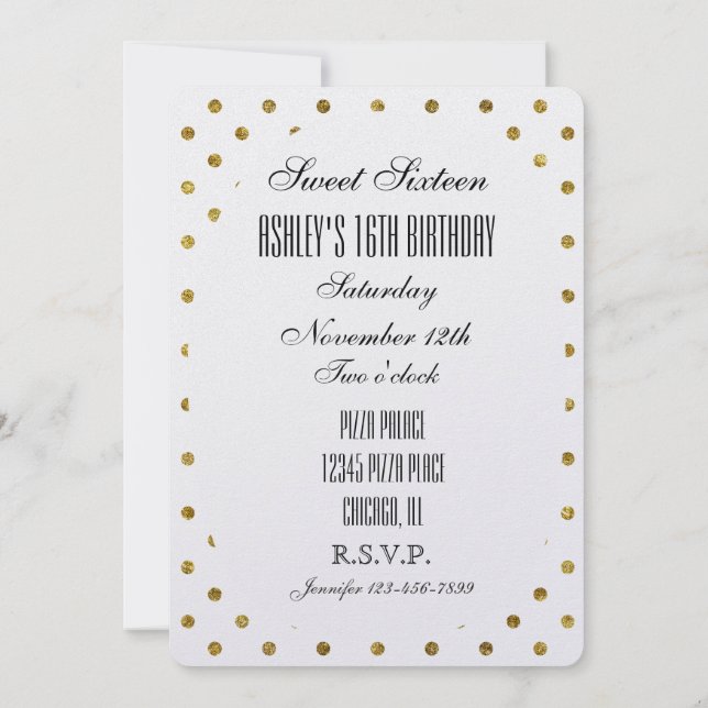 Chic Guld Glam Dots Sweet 16 Inbjudningar (Baksida)