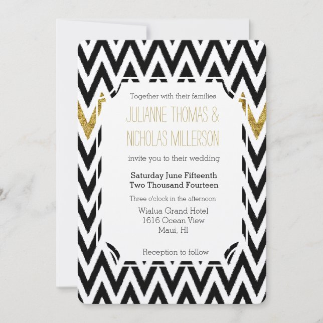 Chic Guld Glam och Black Chevron Bröllop Inbjudningar (Framsida)