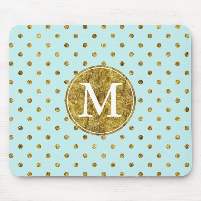 Chic guld- Glam och blått pricker monogramen Musmatta (Framsidan)