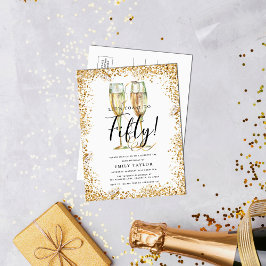 Chic Guld Glitter 50:e Födelsedagsfesten Inbjudan Vykort