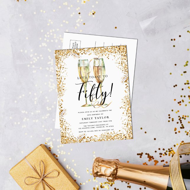 Chic Guld Glitter 50:e Födelsedagsfesten Inbjudan Vykort (Skapare uppladdad)