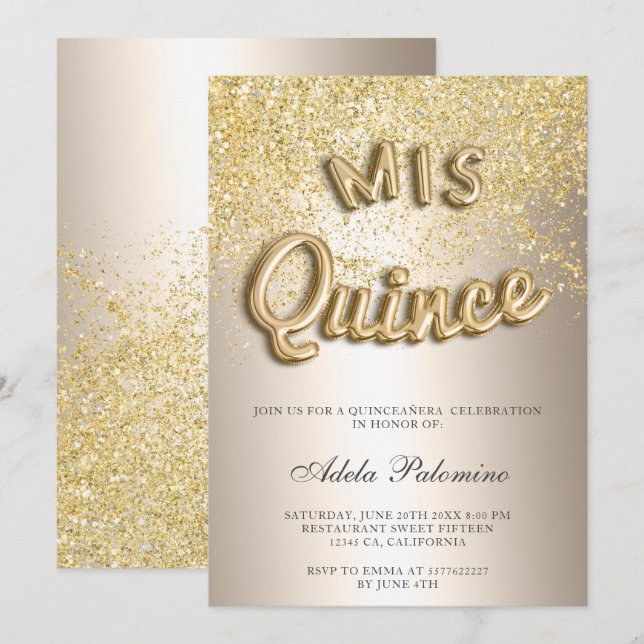 Chic guld glitter ballonger chic foil Quinceañera Inbjudningar (Fram/baksida)
