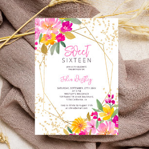 Chic guld glitter blommigt vattenfärgsfoto Söt 16 Inbjudningar