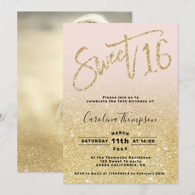 Chic guld glitter chic,  Sweet 16-foto Inbjudningar (Fram/baksida)