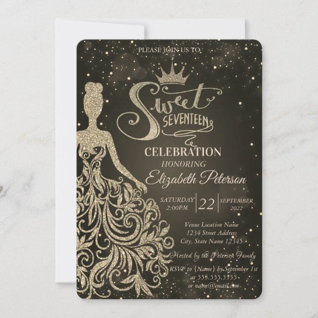 Chic Guld Glitter Dress,Tiara Quinceañera Inbjudningar (Framsida)