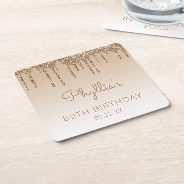 Chic Guld Glitter Drip 80:e Födelsedagsfesten Underlägg Papper Kvadrat (Vinklad)