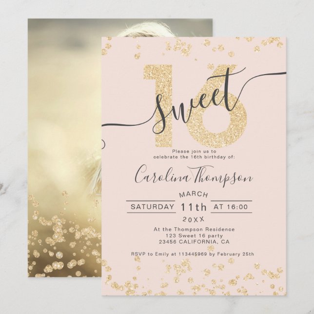 Chic guld glitter konetti  Sweet 16 foto Inbjudningar (Fram/baksida)