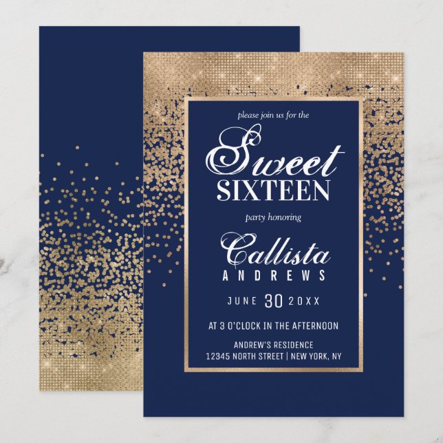 Chic: Guld Glitter Konfetti Fotosötare 16 Inbjudningar (Fram/baksida)