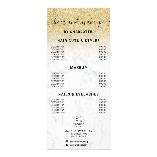 Chic guld glitter marmor, pris hårbotten reklamkort (Framsidan)
