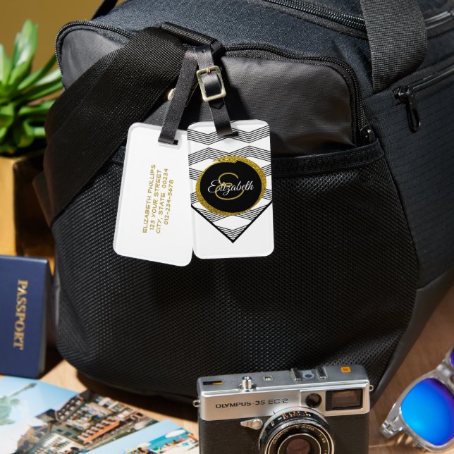 Chic Guld Glitter Monogram Brev Bagagebricka (Fram & Baksida)