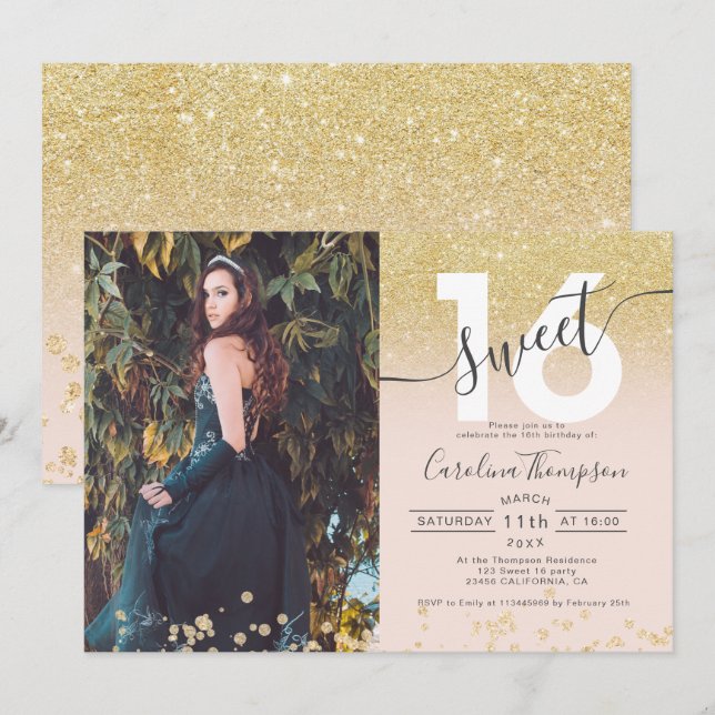 Chic guld glitter ombre foto  Sweet 16 Inbjudningar (Fram/baksida)