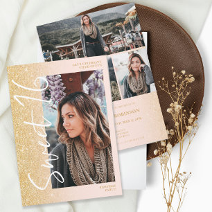 Chic guld glitter ombre-skript 4 foton Söt 16 Inbjudningar