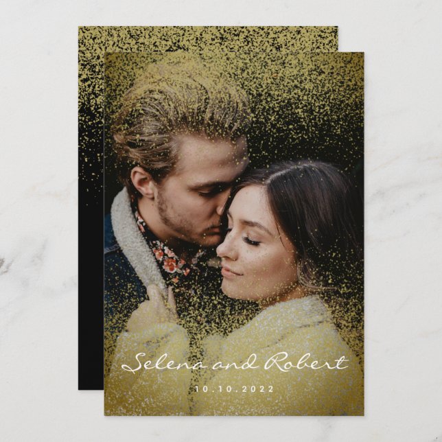 Chic Guld Glitter Overlay Photo Bröllop Inbjudningar (Fram/baksida)