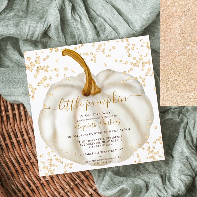 Chic guld glitter pumpa vattenfärgsdusch för barn  inbjudningar (Chic gold glitter pumpkin watercolor baby shower invitation)