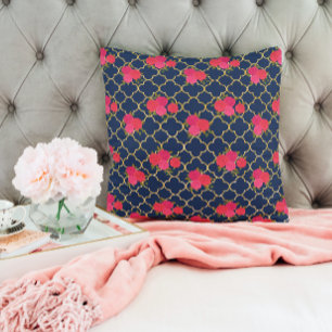 Chic Guld Glitter Quatrefoil Rosa Blommigt Blue Kudde