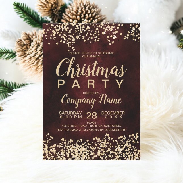 Chic guld glitter: röd jul i party inbjudningar (Chic gold glitter red corporate Christmas party Invitation)